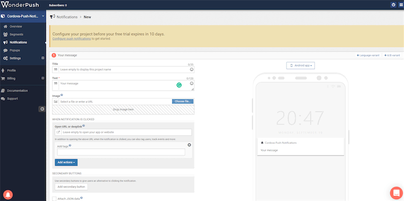 WonderPush Create New Cordova Notification