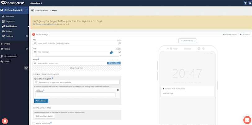 WonderPush Create New Cordova Notification