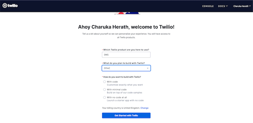 Twilio Golang Sign Up