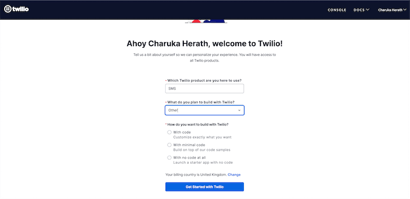 Twilio Golang Sign Up