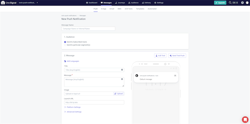 OneSignal Ionic Send Test Notification