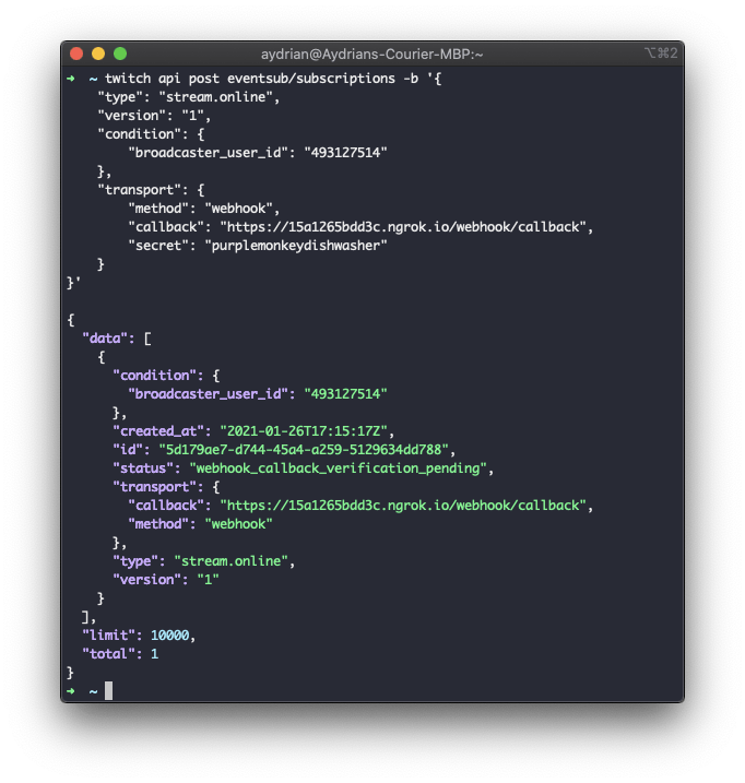 Twitch CLI Create Subscription