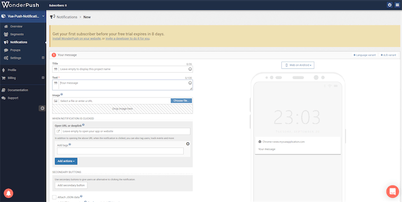 WonderPush Send Test Vue Notification