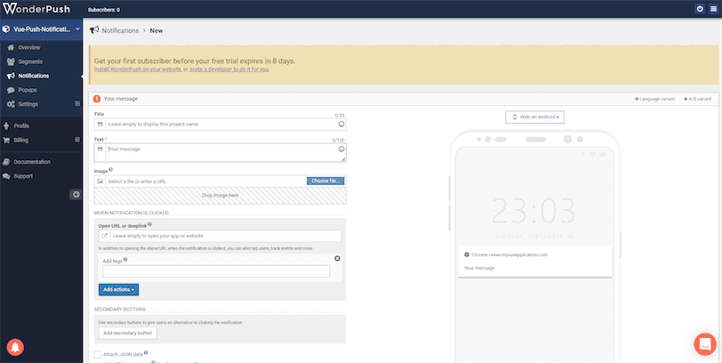 WonderPush Send Test Vue Notification
