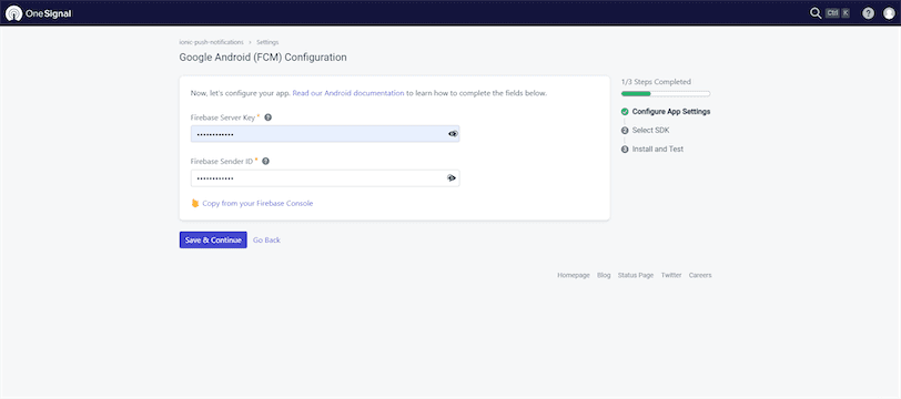 Configure FCM in OneSignal for Ionic Framework App