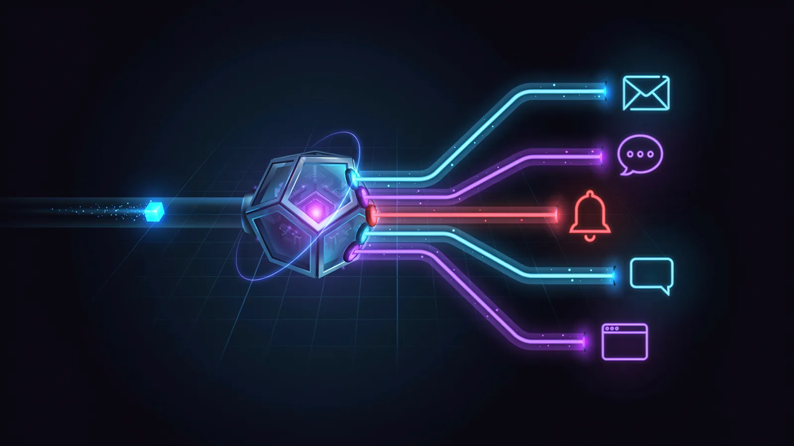 Technical schematic of notification infrastructure: a request enters a central core and emits across email, SMS, push, chat, and in-app channels.