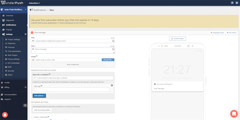 WonderPush Send Push Notification Test for Ionic App