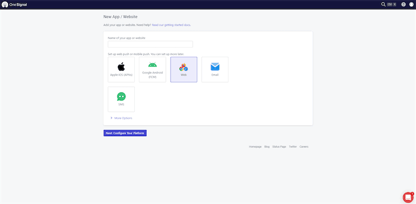 OneSignal Create New App For Hubspot Notifications