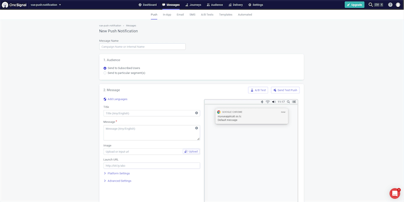 Create New OneSignal Notification for Vue
