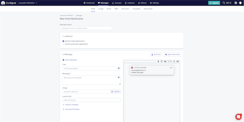 Create New OneSignal Notification for Vue
