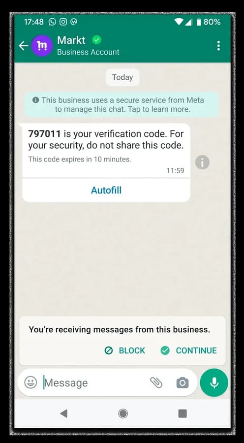 A WhatsApp authentication message with a verification code, a security note, an expiry note, and an Autofill button