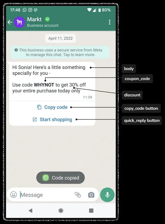 A WhatsApp coupon code template with a Copy code button and a quick reply button, and a Code copied confirmation