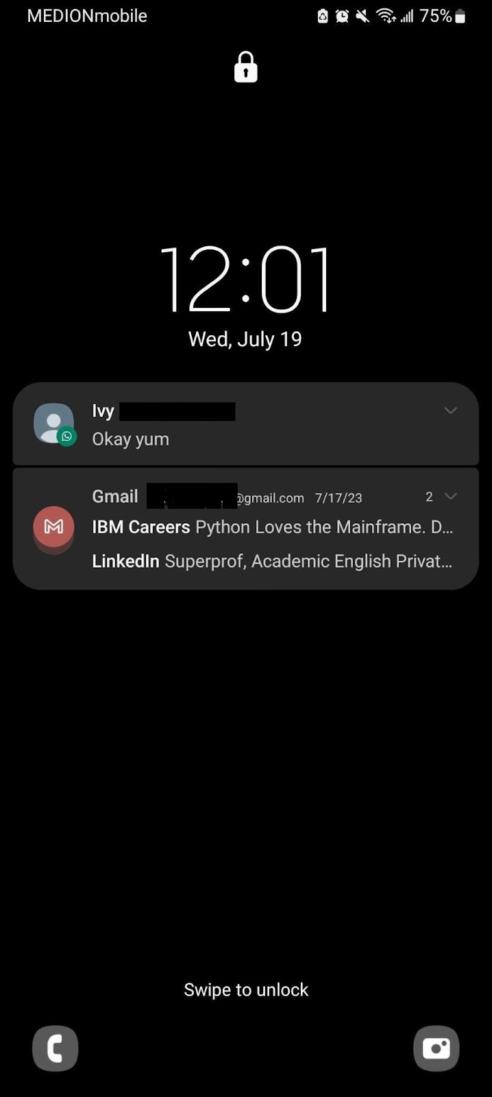 A typical Android lock screen, with some push notifications from WhatsApp and Gmail.