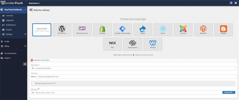 Creating New WonderPush App for Vue