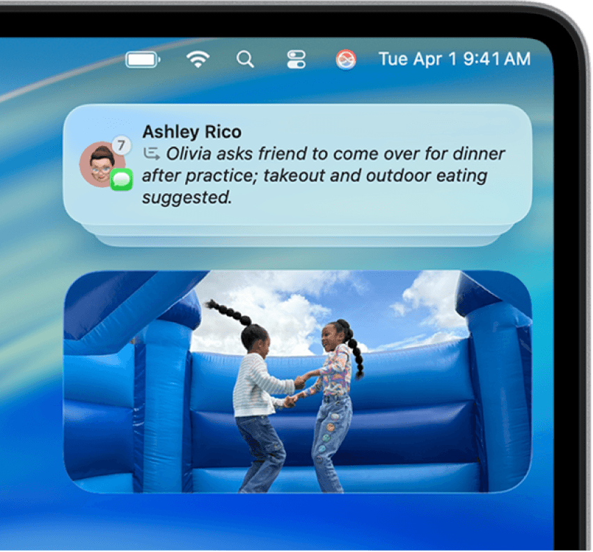 Seven Messages notifications from one conversation condensed into a single AI-generated summary line, with a "7" badge on the app icon