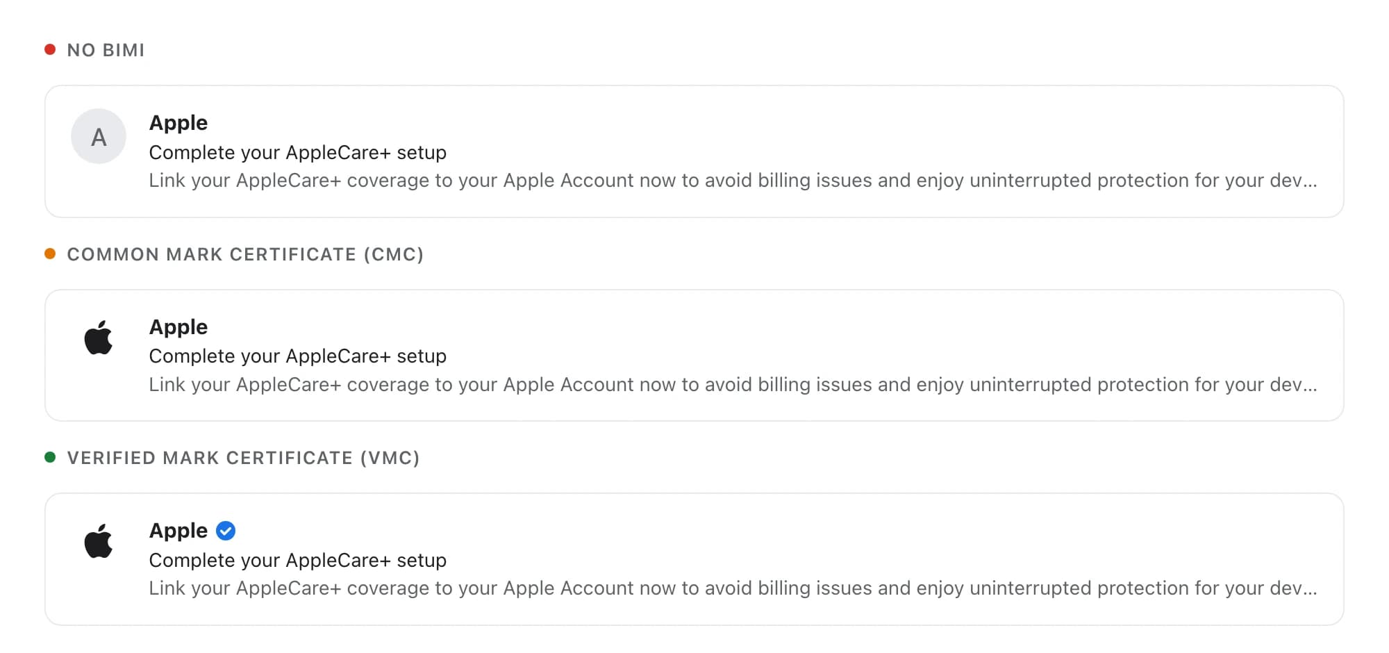 Three inbox rows showing the same Apple message with no BIMI, with a Common Mark Certificate, and with a Verified Mark Certificate