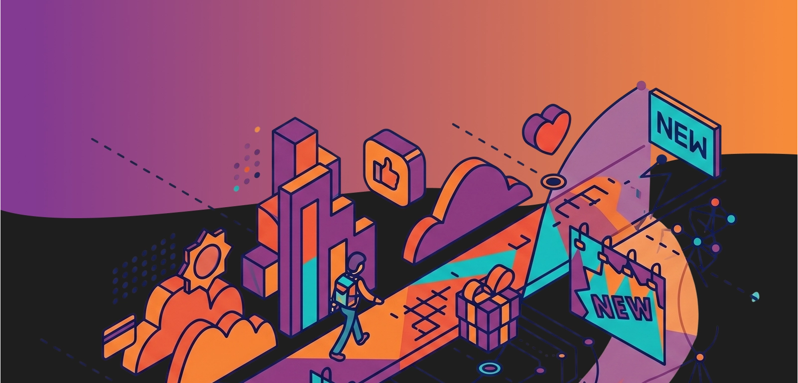 Illustration of a user walking a path past notifications, likes, and "new" announcements