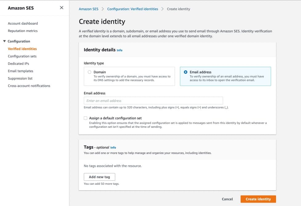 Create Email Identity SES