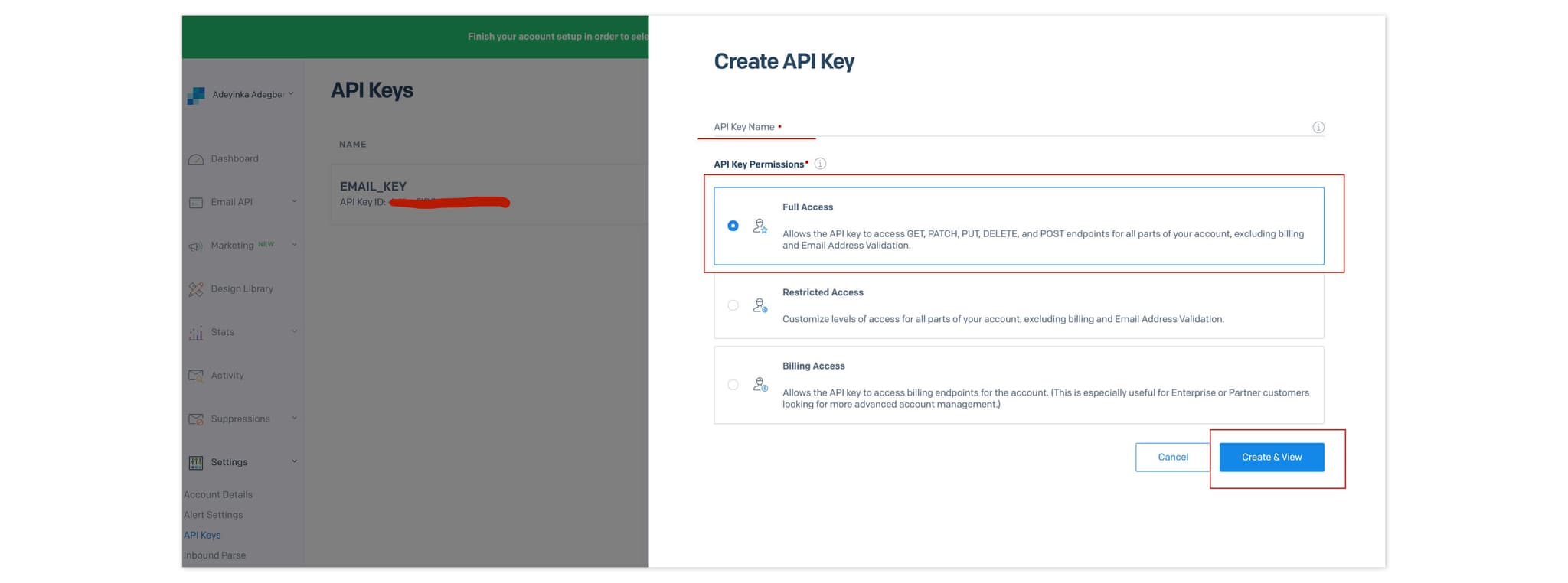 Create an API key in SendGrid
