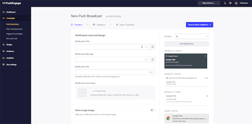 Send Squarespace Push Notification Test with PushEngage