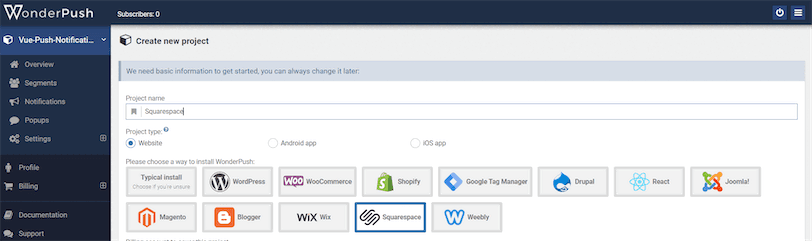 WonderPush Squarespace Notifications Dashboard