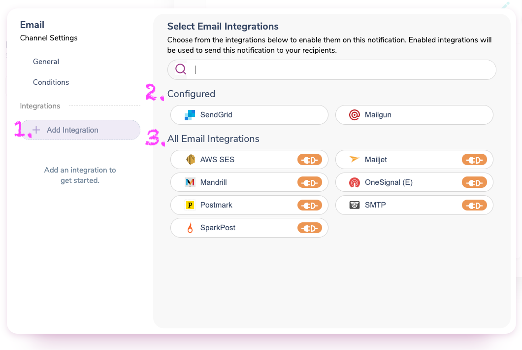 Email channel settings for selecting an integration provider.