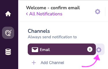 Email channel with zero providers integrated and settings icon open on hover.