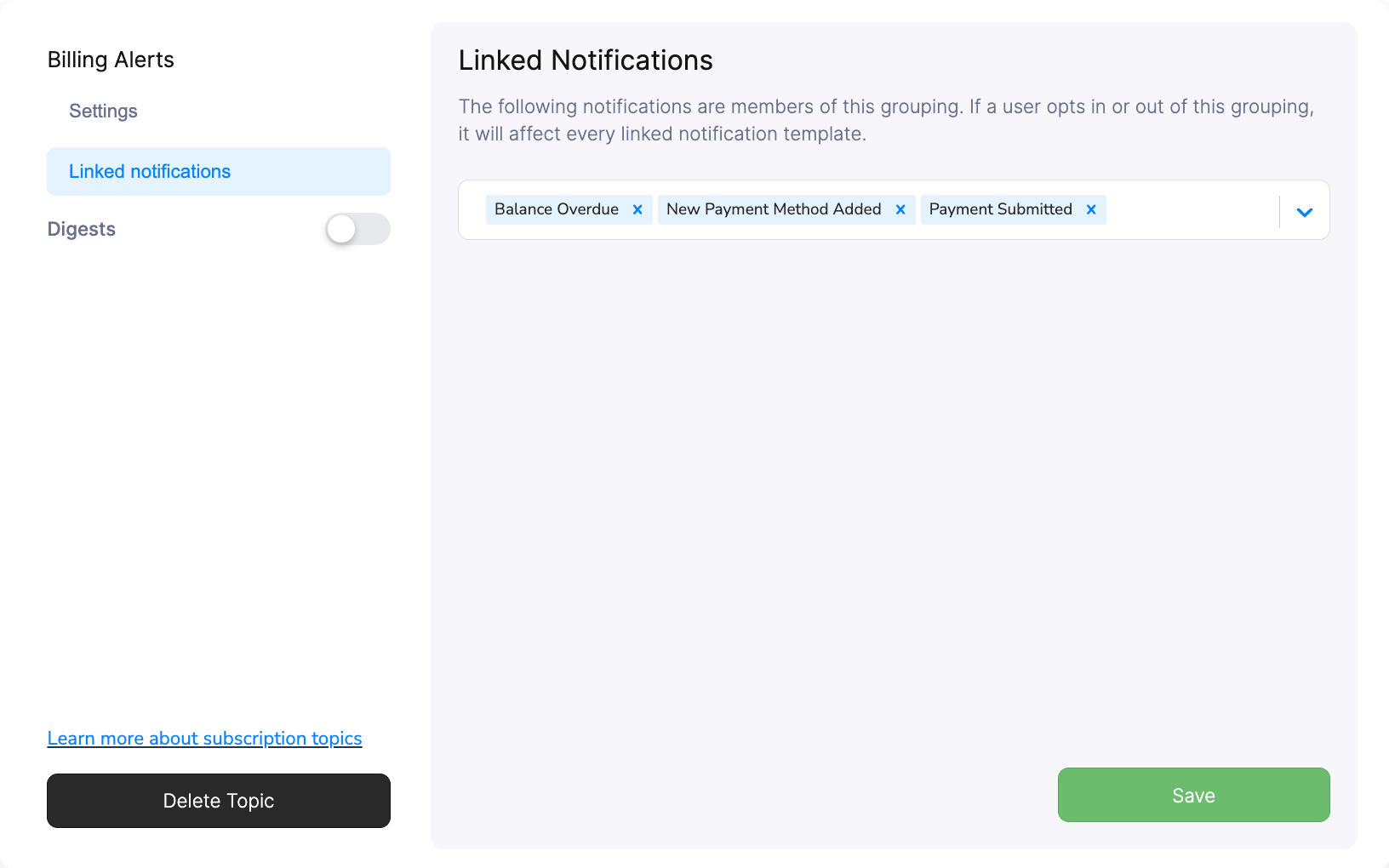 Linked Notifications in Subscription Topic Settings
