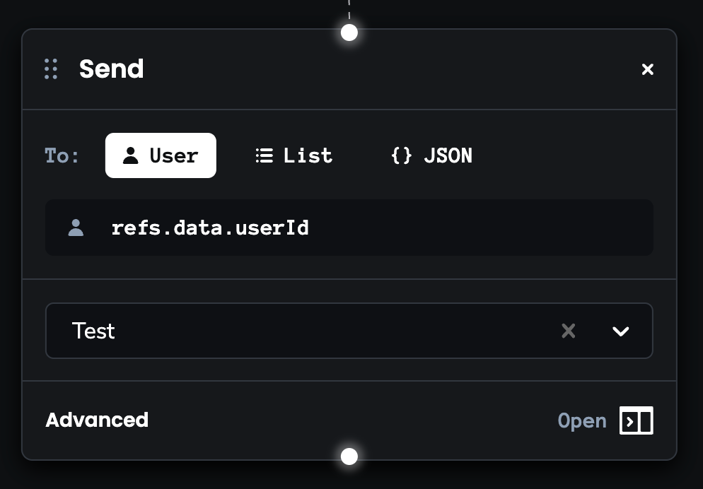 Accessing userId dynamically using refs.data.userId within the send node