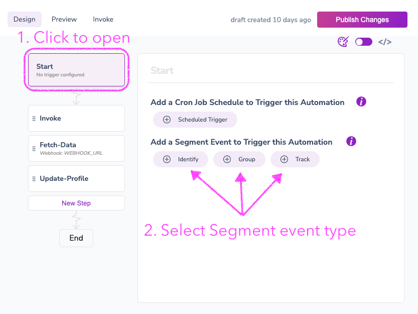Open the "Start" step settings, to choose a Segment event trigger.