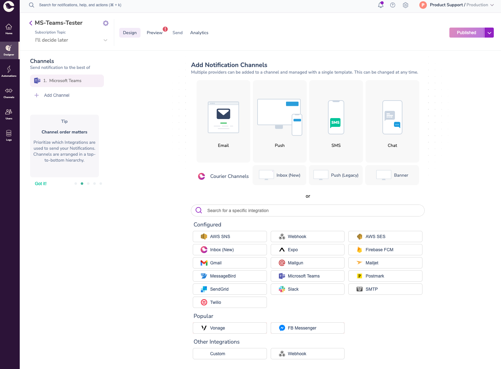 Notification Channel Selector with Microsoft Teams