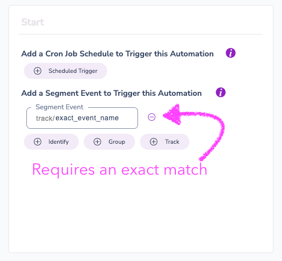 You must provide a track event name matches the event name in Segment exactly.